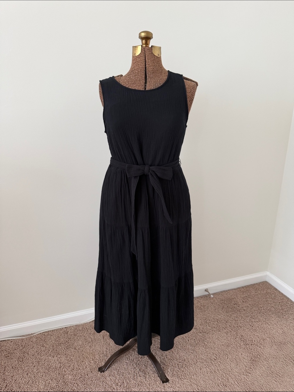 J. Crew Factory Black Sleeveless Tie-Waist Tiered Maxi Dress